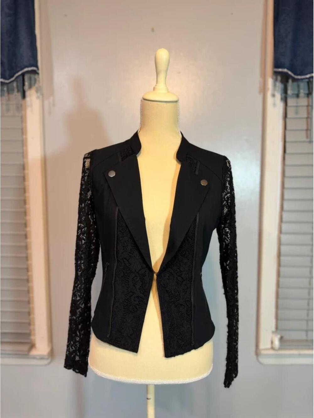 Black Lace Moto Jacket Med Sheer Back Fitted Blazer Edgy Gothic Chic Zip Jacket